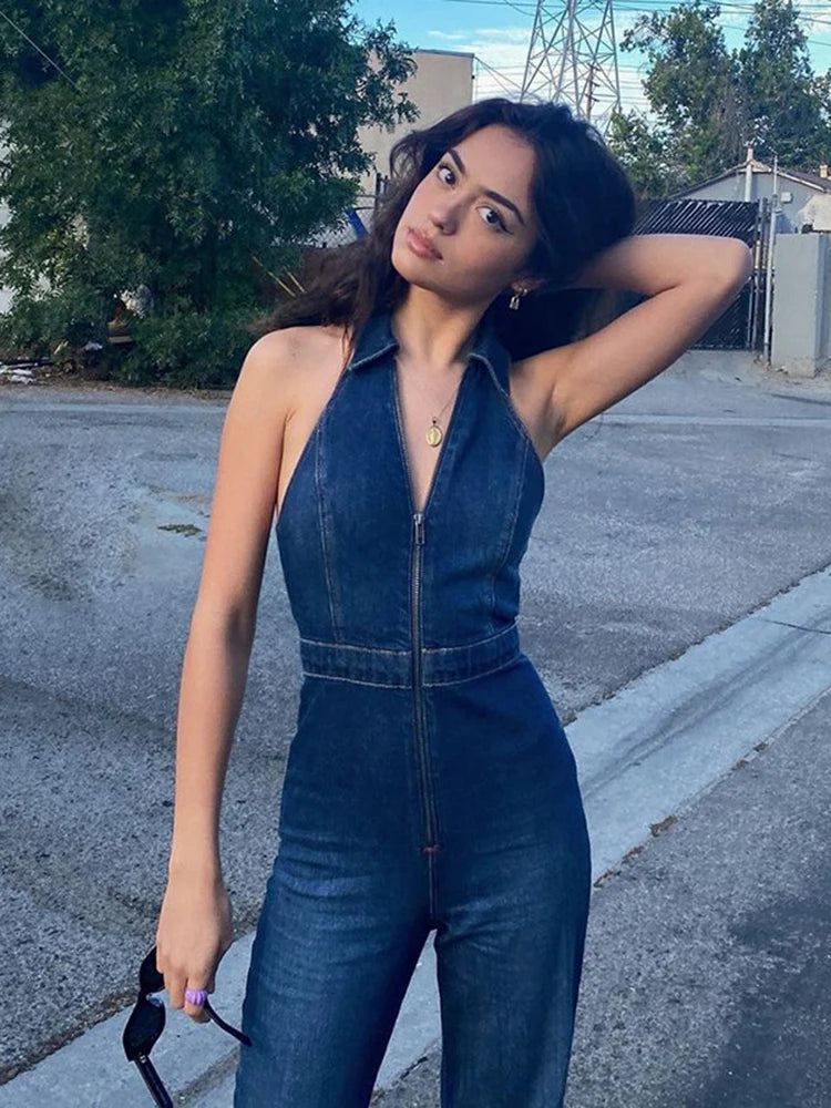 V Neck Denim Jumpsuit