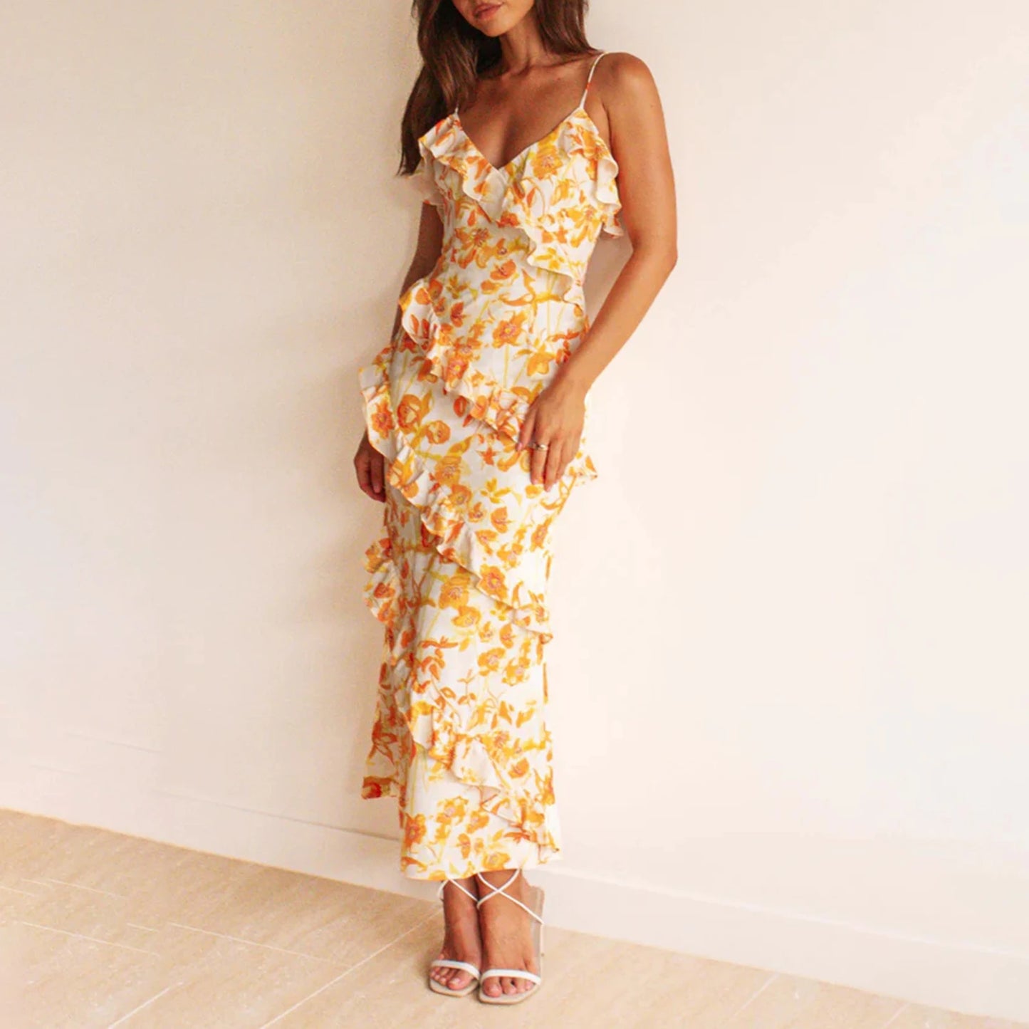 Yellow Flowers Ruffled Dress