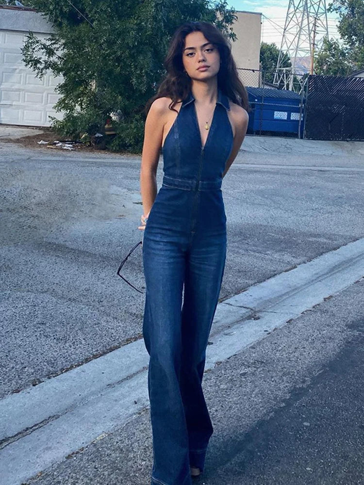 V Neck Denim Jumpsuit