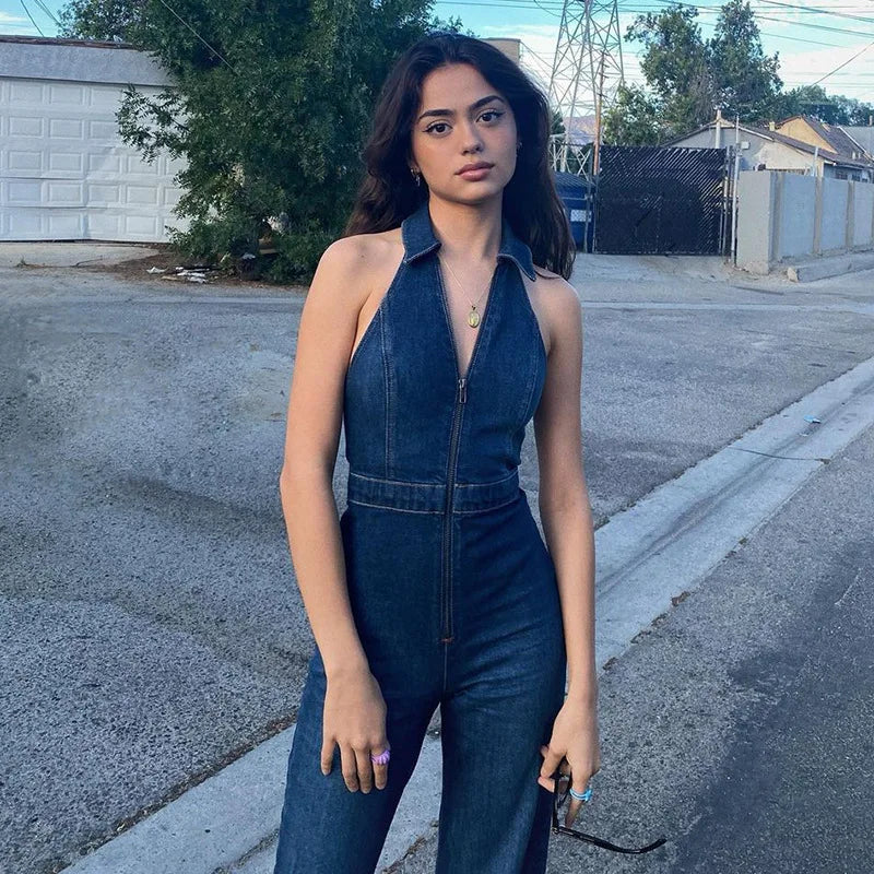 V Neck Denim Jumpsuit