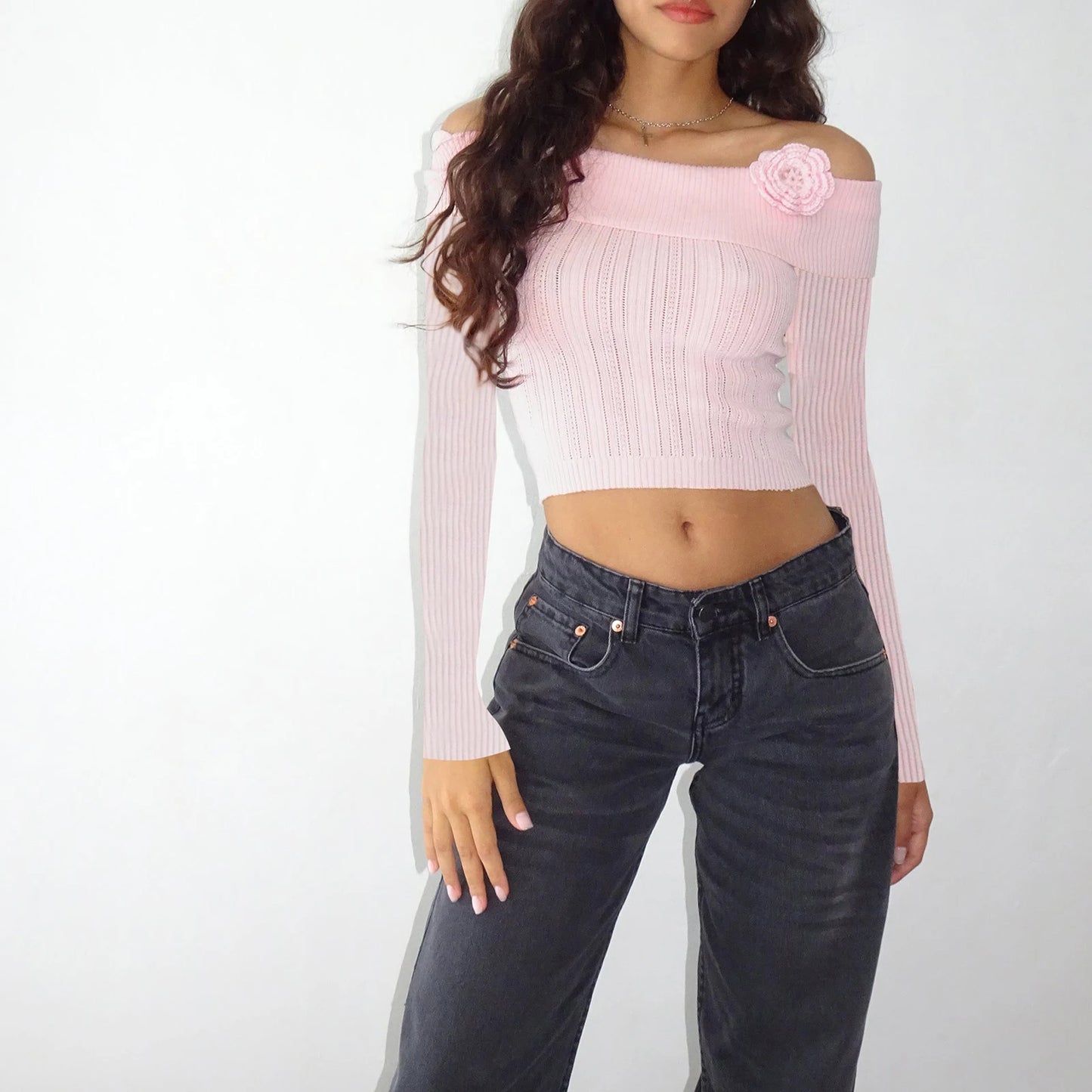 Knit Flower Crop Long Sleeve