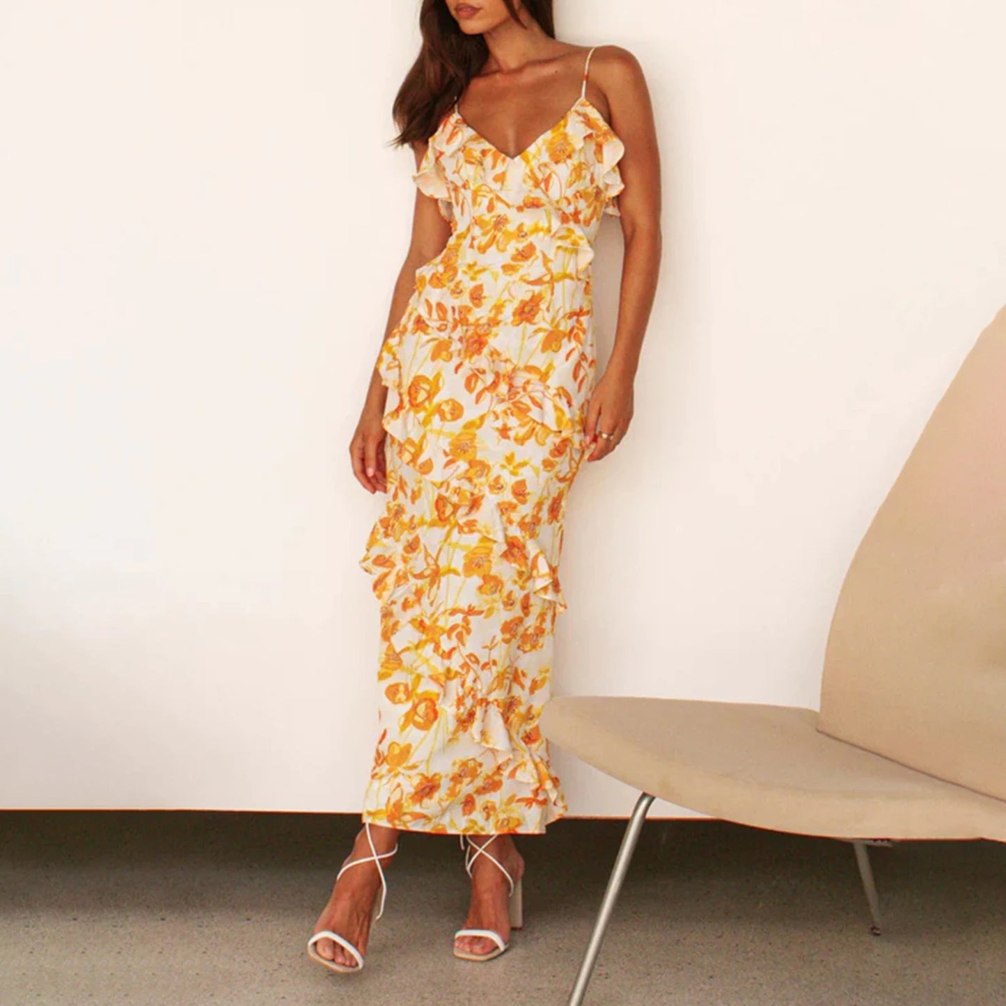 Yellow Flowers Ruffled Dress